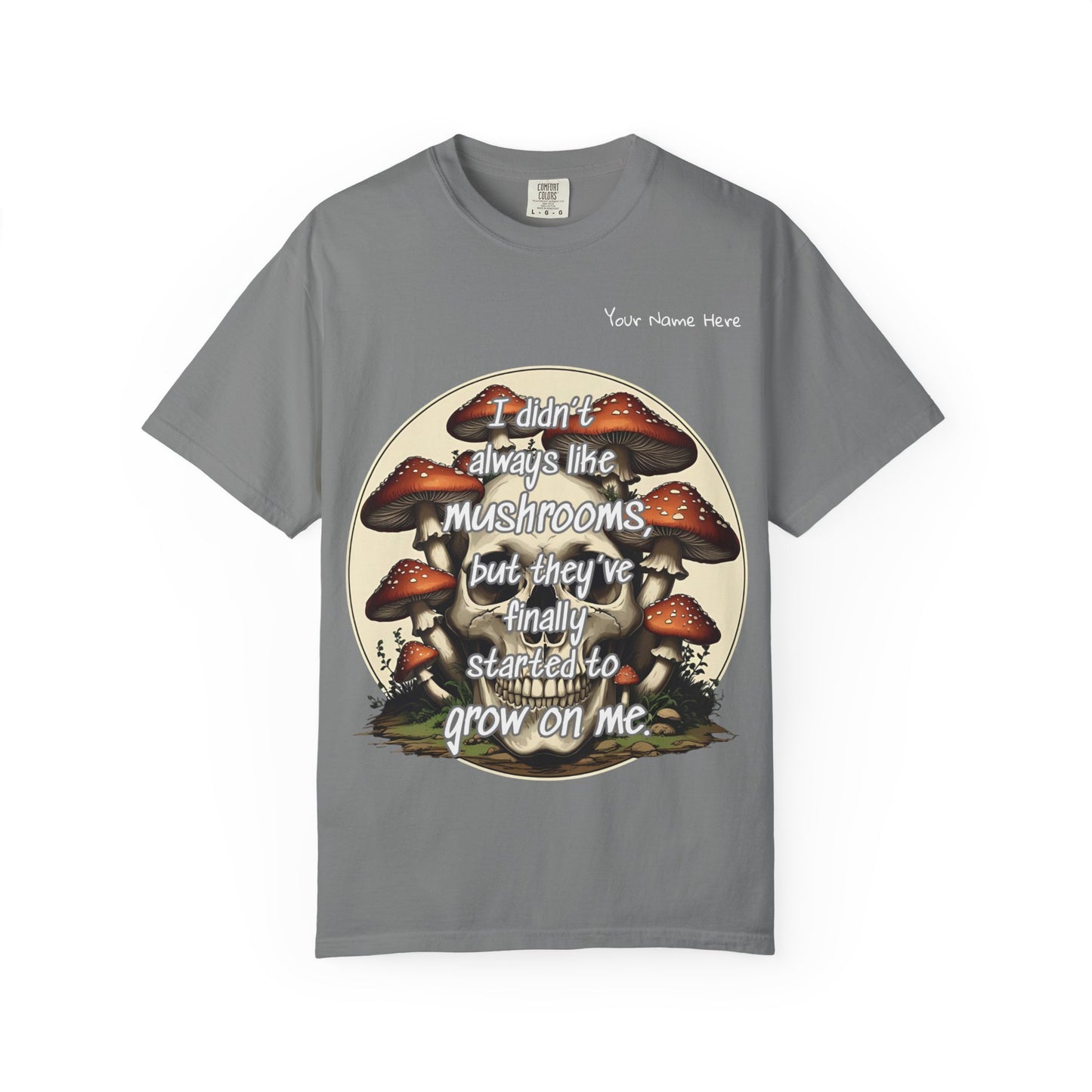 Personalized Mushroom Lover T-Shirt, Unisex Garment-Dyed Tee, Skulls and Fungi Graphic Shirt, Unique Gift for Nature Lovers, Halloween Apparel