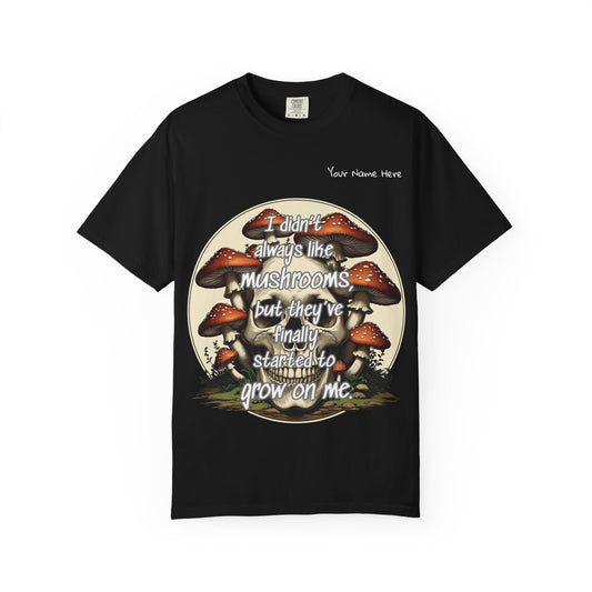 Personalized Mushroom Lover T-Shirt, Unisex Garment-Dyed Tee, Skulls and Fungi Graphic Shirt, Unique Gift for Nature Lovers, Halloween Apparel