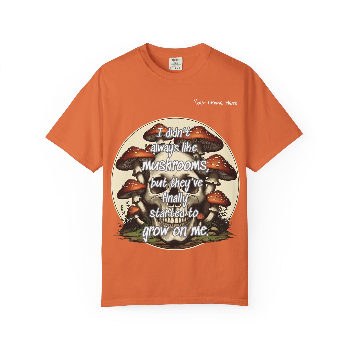 Personalized Mushroom Lover T-Shirt, Unisex Garment-Dyed Tee, Skulls and Fungi Graphic Shirt, Unique Gift for Nature Lovers, Halloween Apparel
