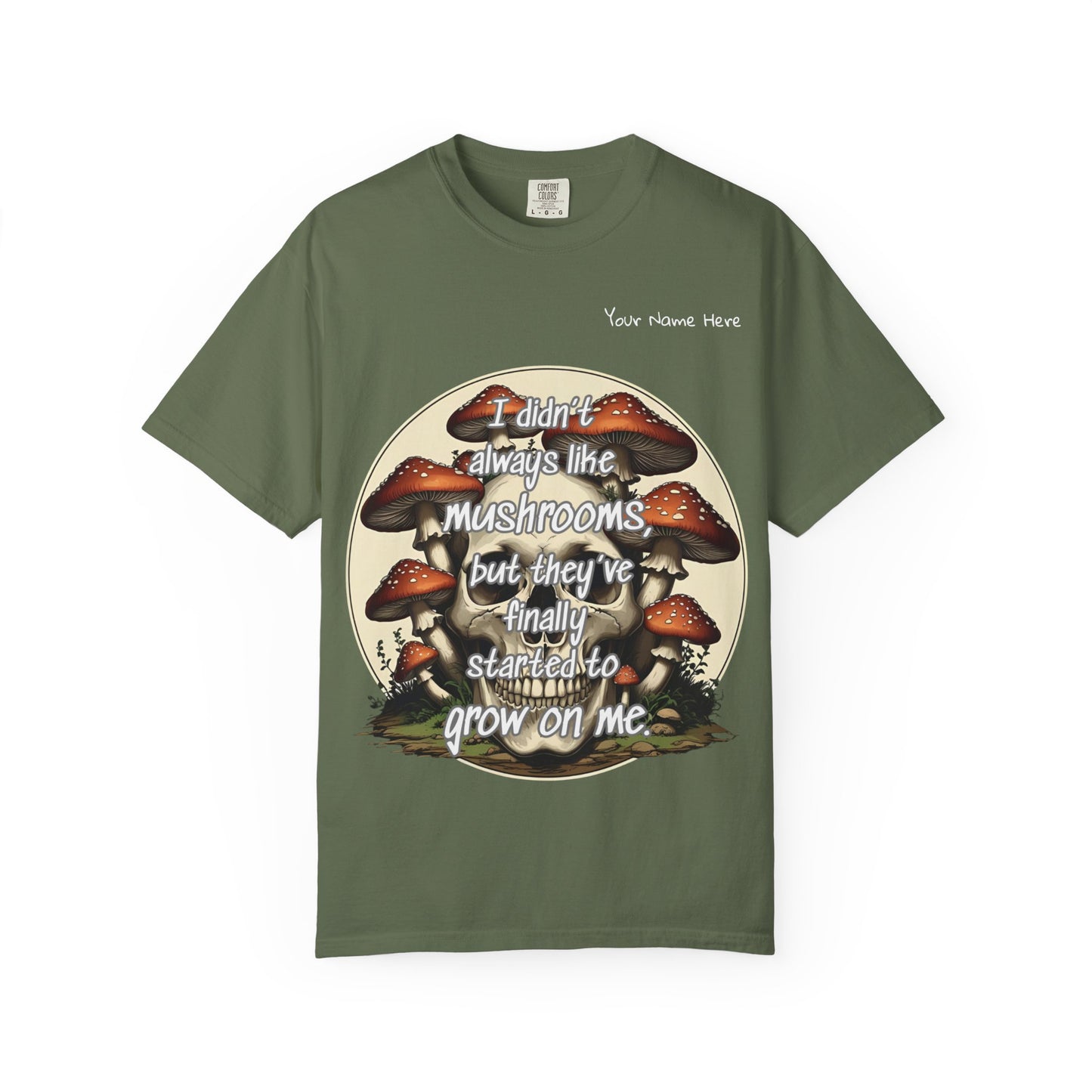 Personalized Mushroom Lover T-Shirt, Unisex Garment-Dyed Tee, Skulls and Fungi Graphic Shirt, Unique Gift for Nature Lovers, Halloween Apparel