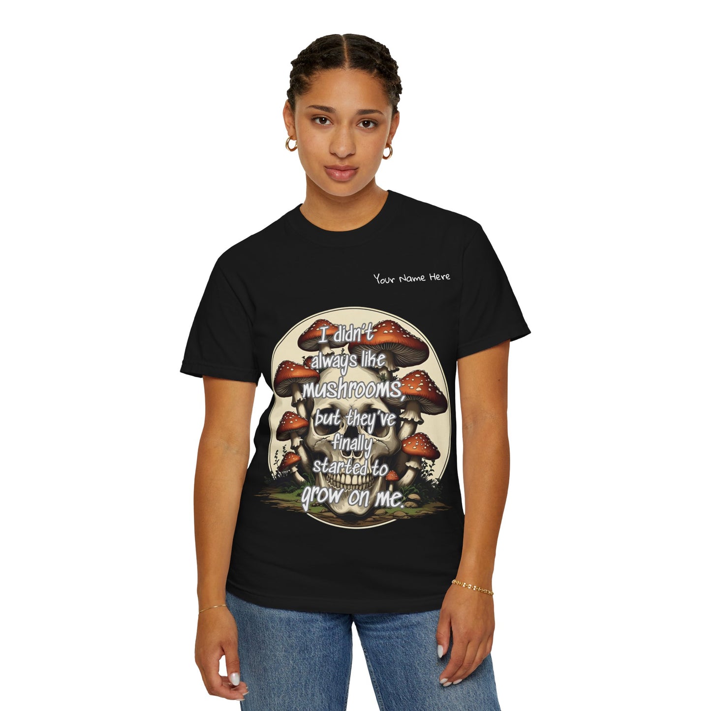 Personalized Mushroom Lover T-Shirt, Unisex Garment-Dyed Tee, Skulls and Fungi Graphic Shirt, Unique Gift for Nature Lovers, Halloween Apparel