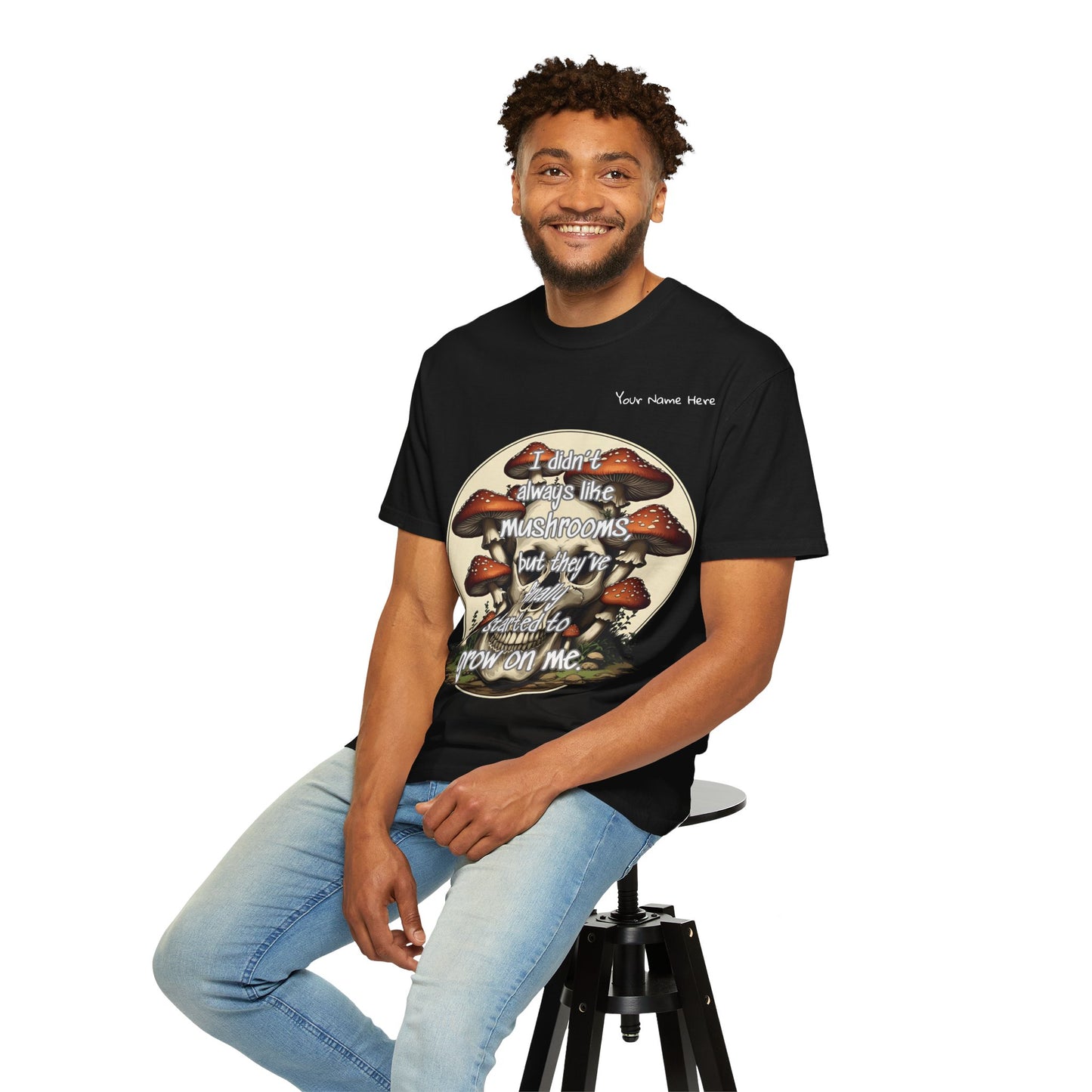 Personalized Mushroom Lover T-Shirt, Unisex Garment-Dyed Tee, Skulls and Fungi Graphic Shirt, Unique Gift for Nature Lovers, Halloween Apparel