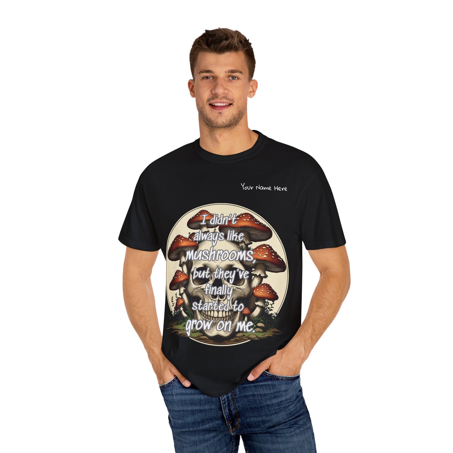 Personalized Mushroom Lover T-Shirt, Unisex Garment-Dyed Tee, Skulls and Fungi Graphic Shirt, Unique Gift for Nature Lovers, Halloween Apparel